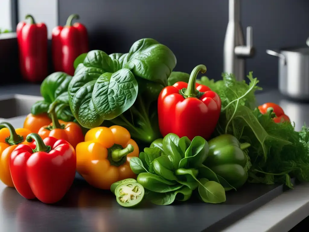 Variedad de vegetales frescos en una cocina moderna, goteando agua