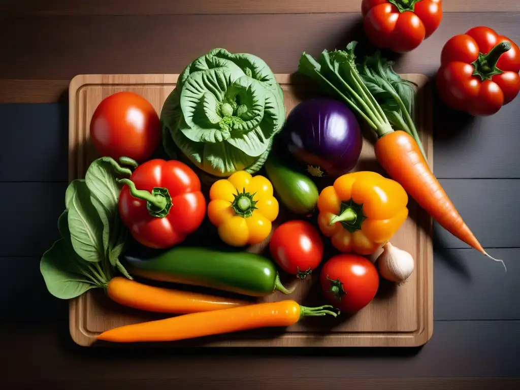 Variedad de vegetales frescos y coloridos sobre tabla de cortar de madera