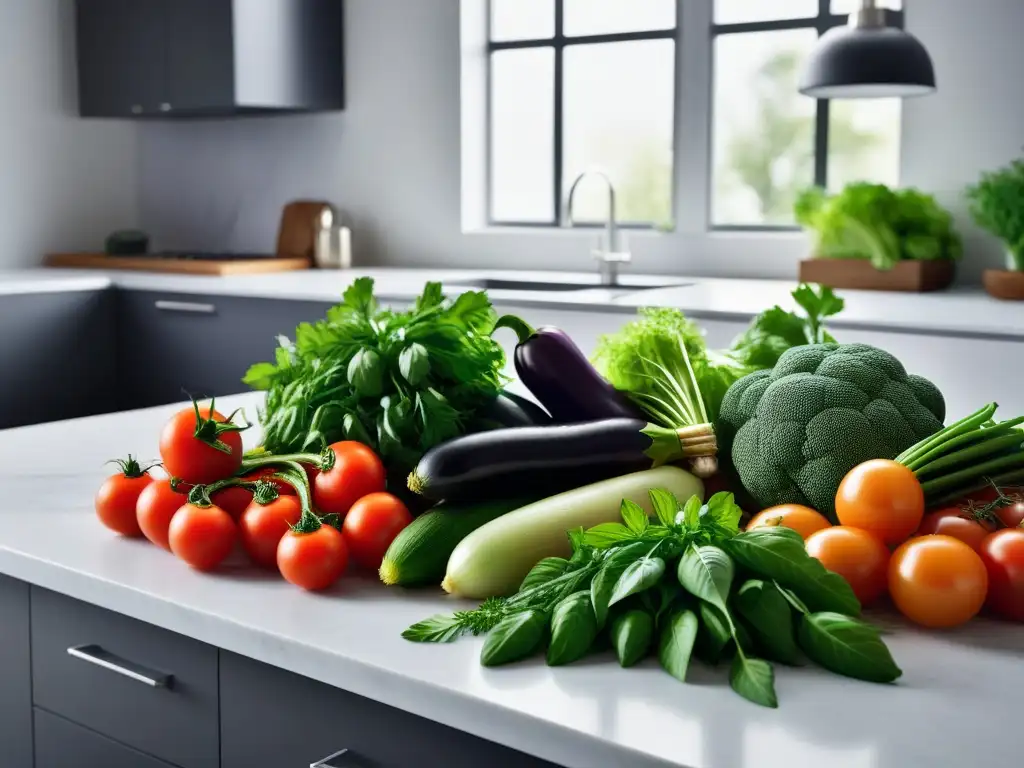 Una variedad de vegetales frescos y coloridos en una cocina moderna