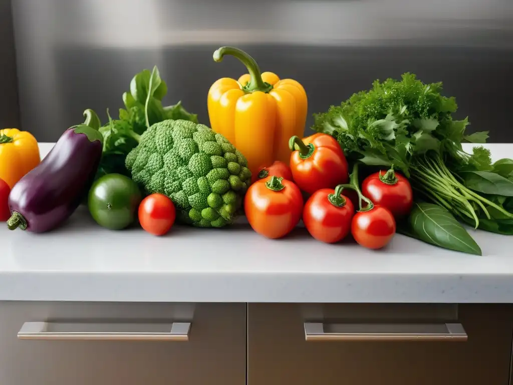 Una variedad de vegetales y frutas coloridos en una cocina moderna para Fermentación a Baja Temperatura Vegana