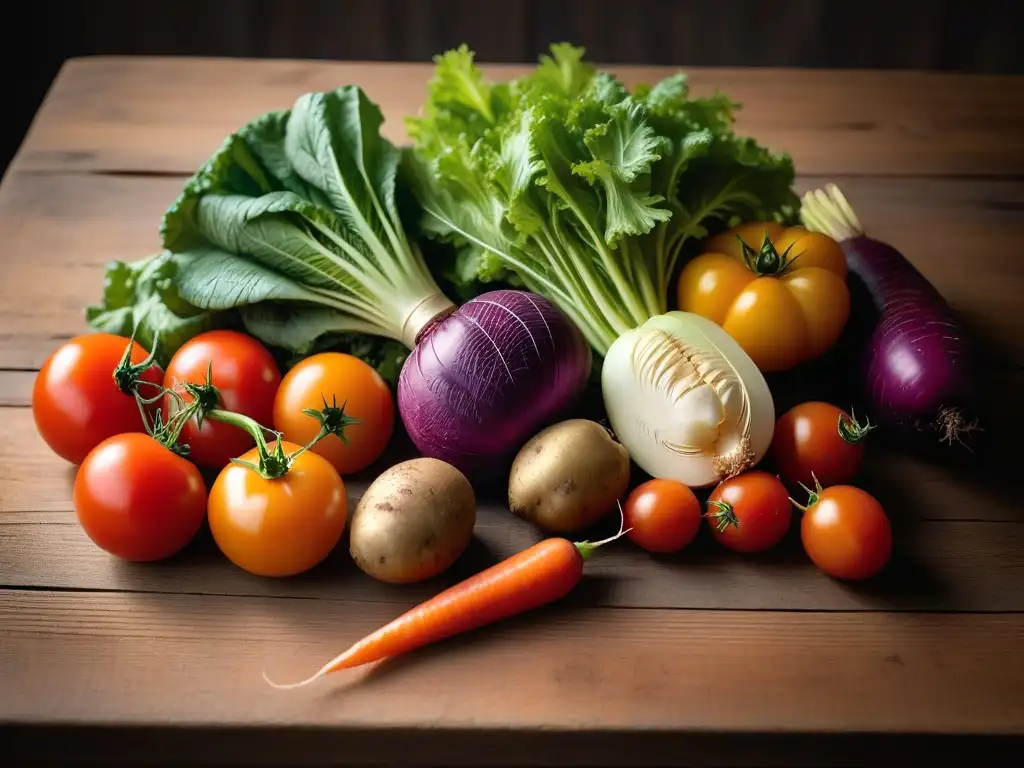 Vegetales de temporada: frescura y color en una mesa rústica Una variedad de vegetales locales de temporada en una mesa de madera rústica, resaltando frescura y sostenibilidad