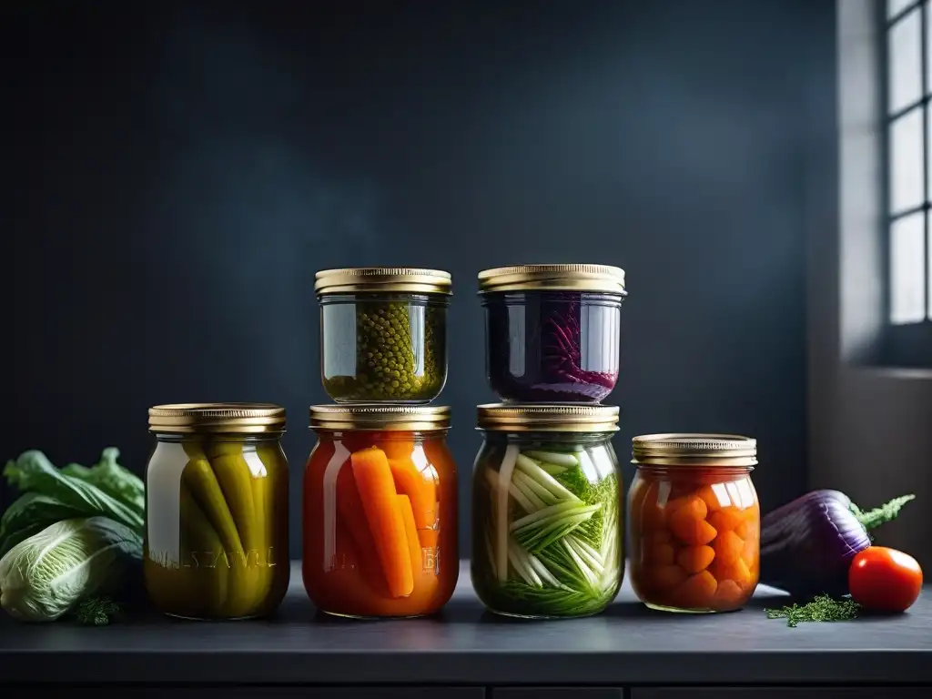 Variedad de vegetales veganos lactofermentados en frascos, resaltando texturas y colores