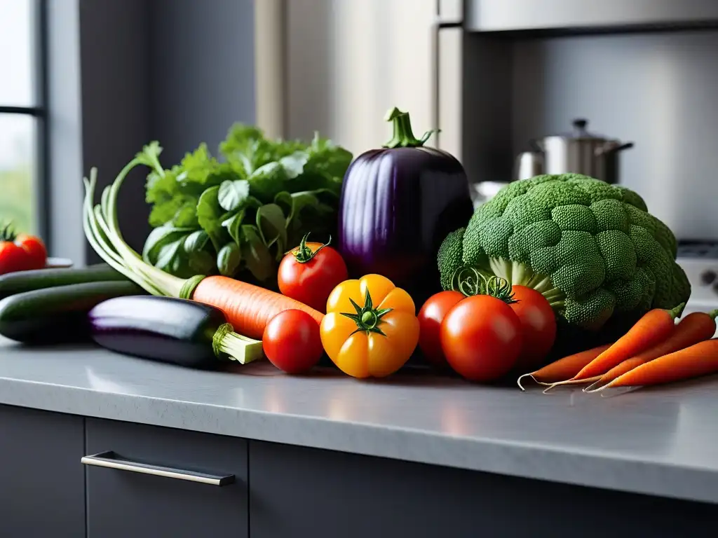 Una variedad de verduras coloridas y frescas en una cocina moderna