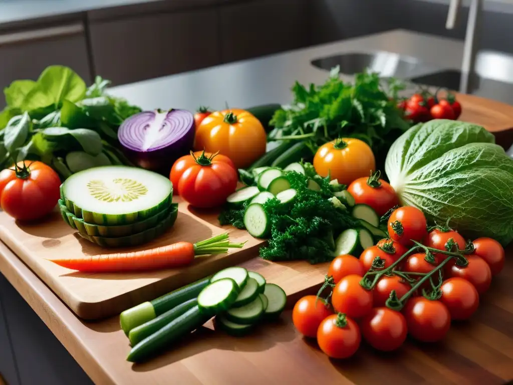 Una variedad de verduras frescas y coloridas en un tablero de madera, rodeadas de utensilios de cocina, bañadas en luz natural