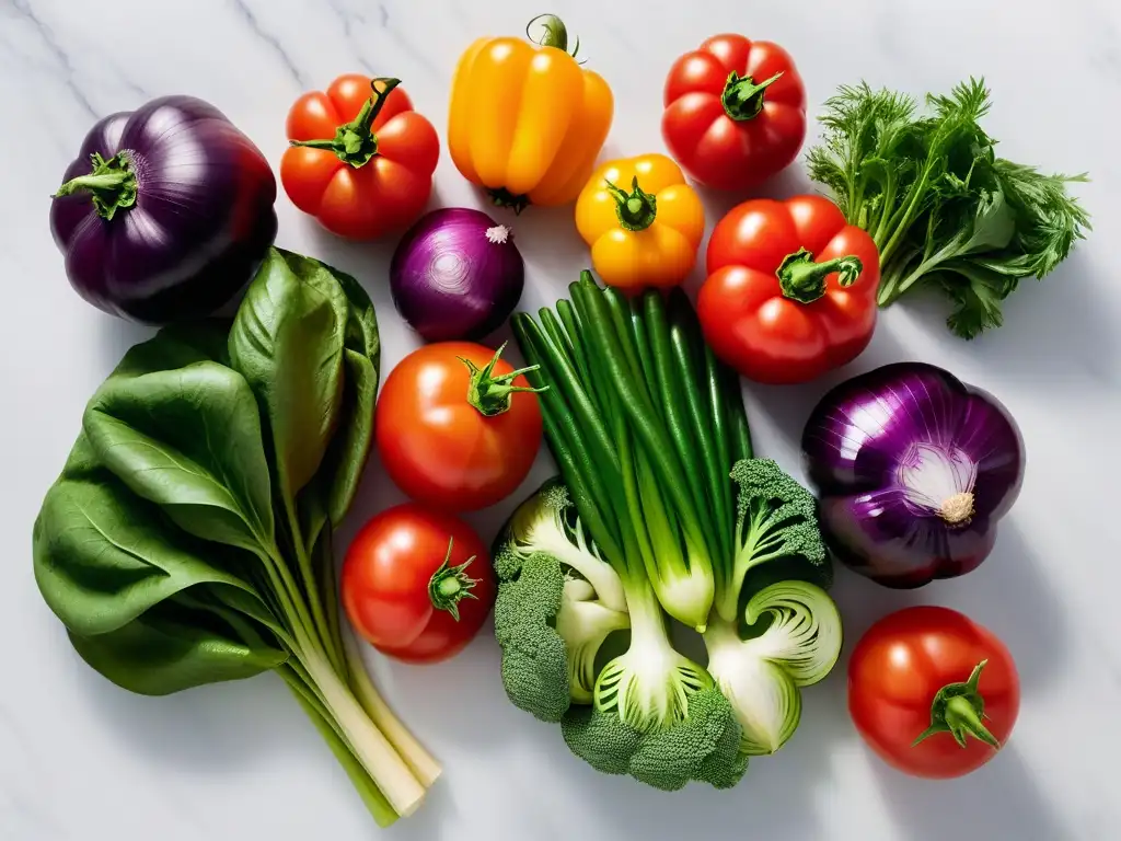 Variedad de verduras frescas en encimera de mármol blanco