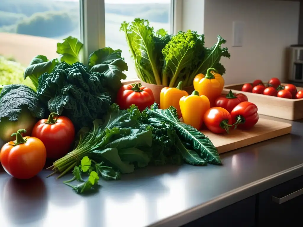 Variedad de verduras frescas sobre una encimera moderna, iluminadas por el sol