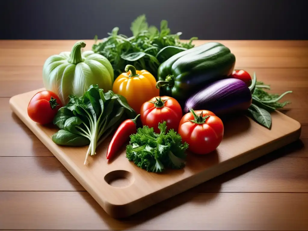 Variedad de verduras frescas en tabla de cortar de madera, ideal para planificación menús veganos económicos