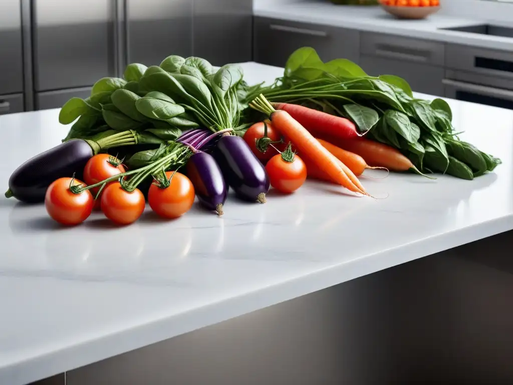 Encantadora cocina moderna con variedad de verduras frescas Variedad de verduras frescas y vibrantes en una encimera de cocina moderna