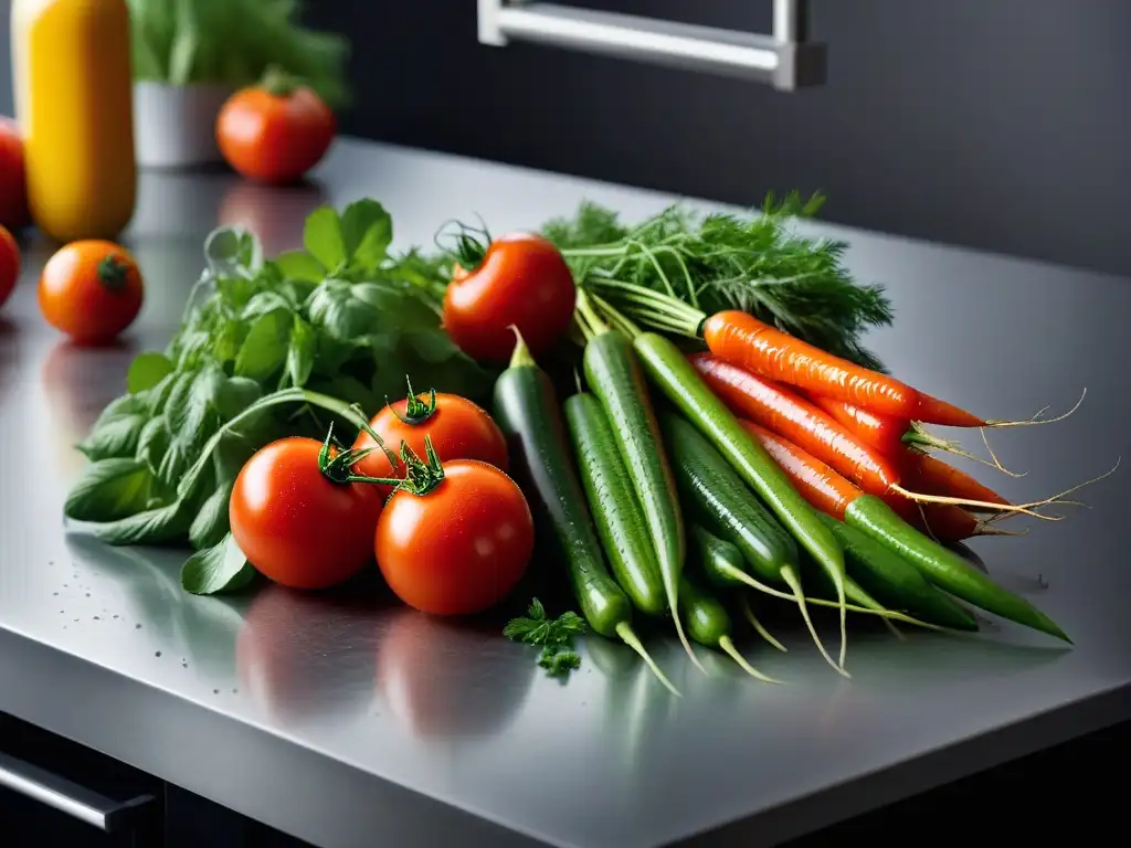 Variedad de verduras frescas y vibrantes en una cocina moderna, transmitiendo la esencia de Cursos online cocina vegana frescos