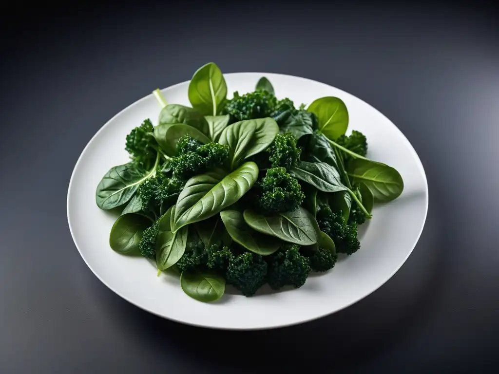 Verduras verdes frescas en plato blanco: detalle asombroso Variedad de verduras verdes frescas en un plato blanco, resaltando la importancia del magnesio en veganos