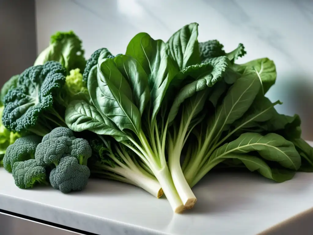 Variedad de verduras verdes frescas con gotas de agua en encimera moderna