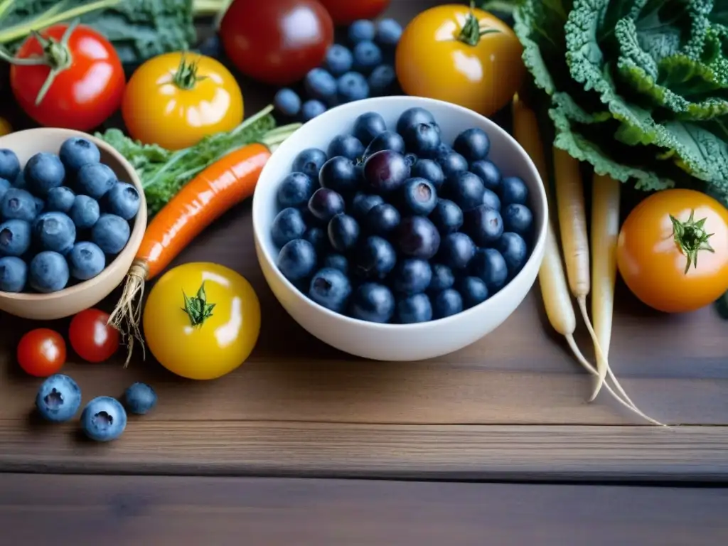 Una variedad vibrante de alimentos veganos ricos en antioxidantes en una mesa de madera