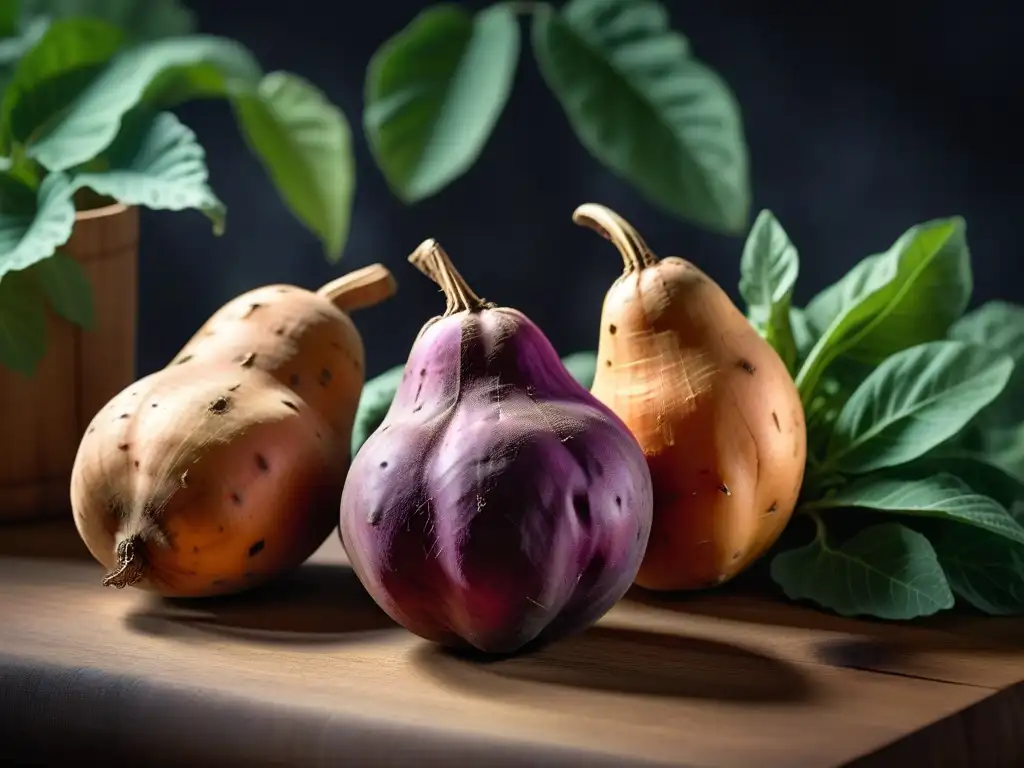 Una variedad vibrante de batatas en formas y colores diversos sobre un fondo verde exuberante, destacando texturas y tonalidades únicas