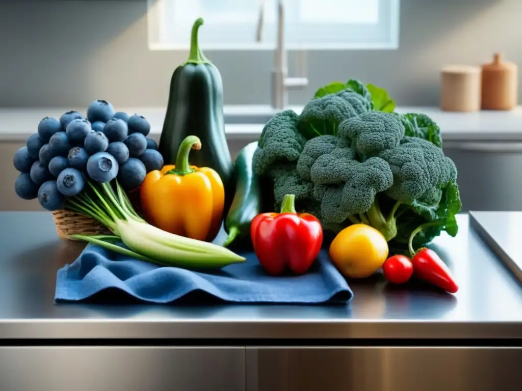 Una variedad vibrante de frutas y verduras antioxidantes en una cocina moderna, evocando los beneficios antioxidantes de una dieta vegana