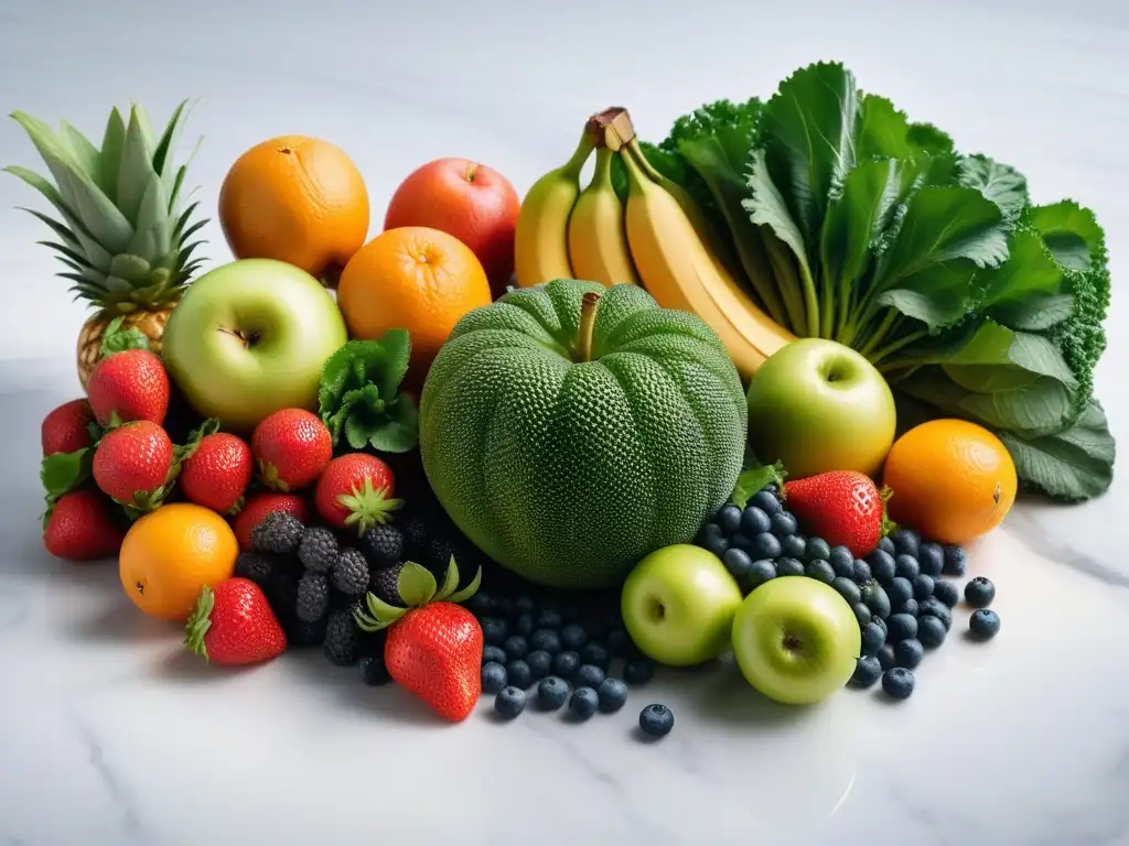 Una variedad vibrante de frutas y verduras frescas en un elegante mostrador de mármol blanco