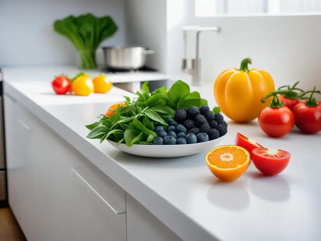 Una variedad vibrante de frutas y verduras frescas en una cocina moderna