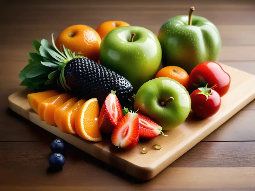 Una variedad vibrante de frutas y verduras frescas en tabla de madera, con gotas de agua brillando