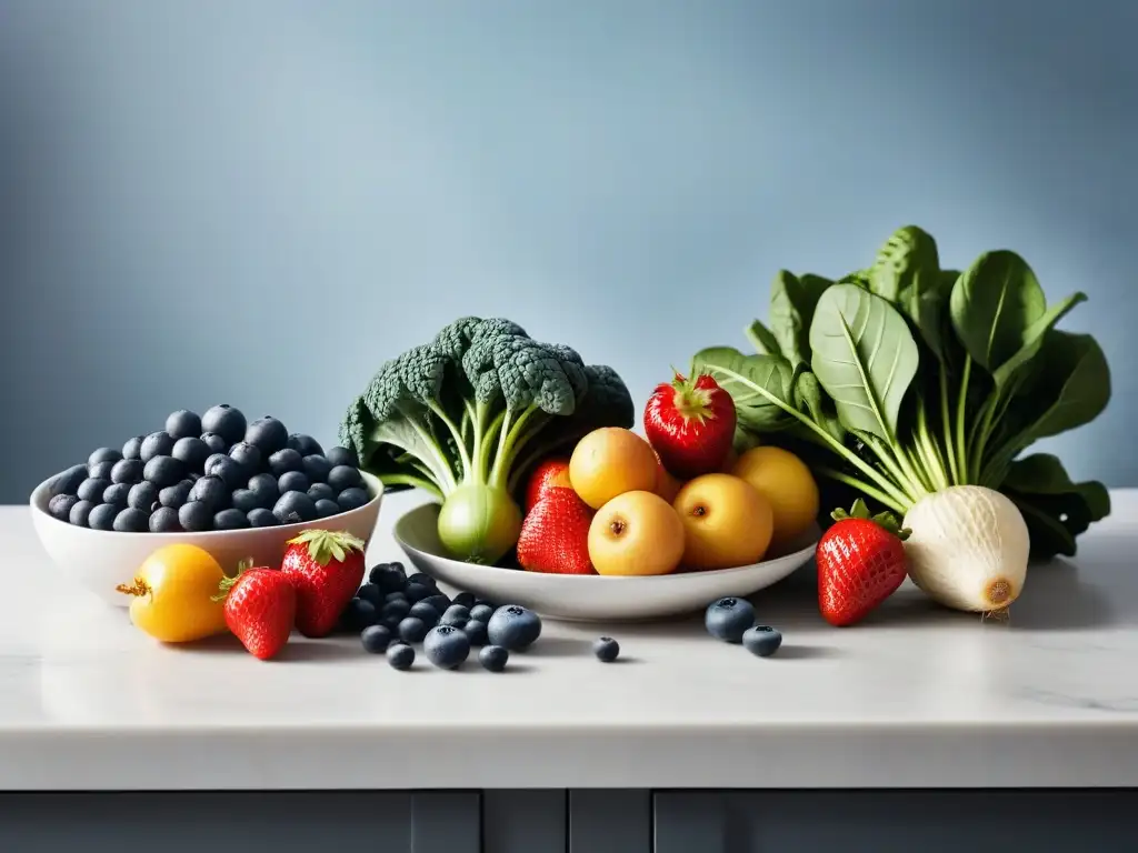 Una variedad vibrante de frutas y verduras antioxidantes en una encimera de cocina moderna