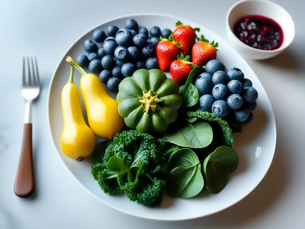 Una variedad vibrante de frutas y verduras antioxidantes en un plato blanco moderno