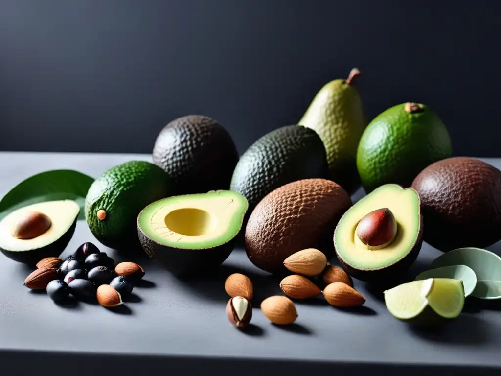 Una variedad vibrante de fuentes de grasas saludables en la dieta vegana, como aguacates, nueces y semillas, dispuestas elegantemente en una encimera de cocina moderna, iluminadas suavemente para resaltar sus colores y texturas