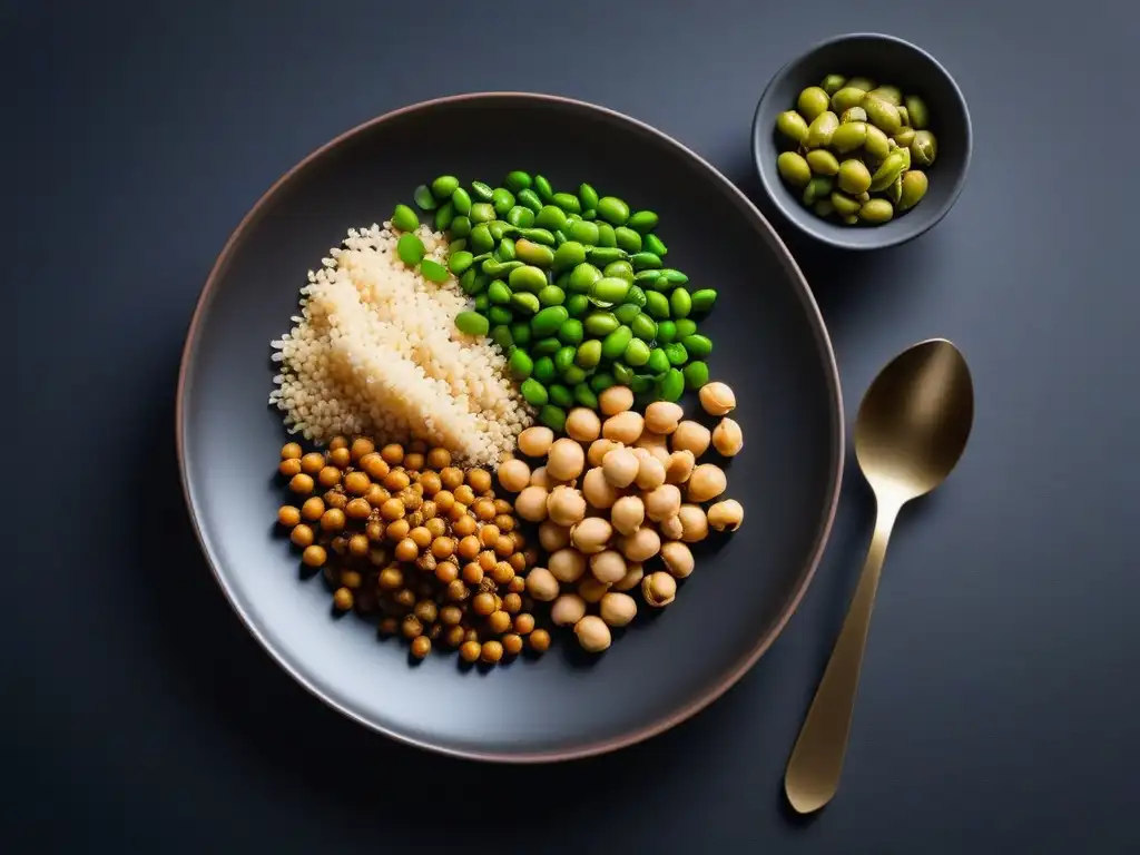 Una variedad vibrante de fuentes de proteínas veganas en un plato blanco sobre fondo oscuro