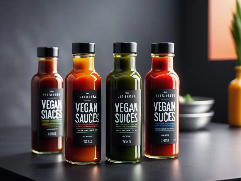 Variedad vibrante de salsas picantes veganas en botellas de cristal con niveles de intensidad, sobre un mostrador negro mate