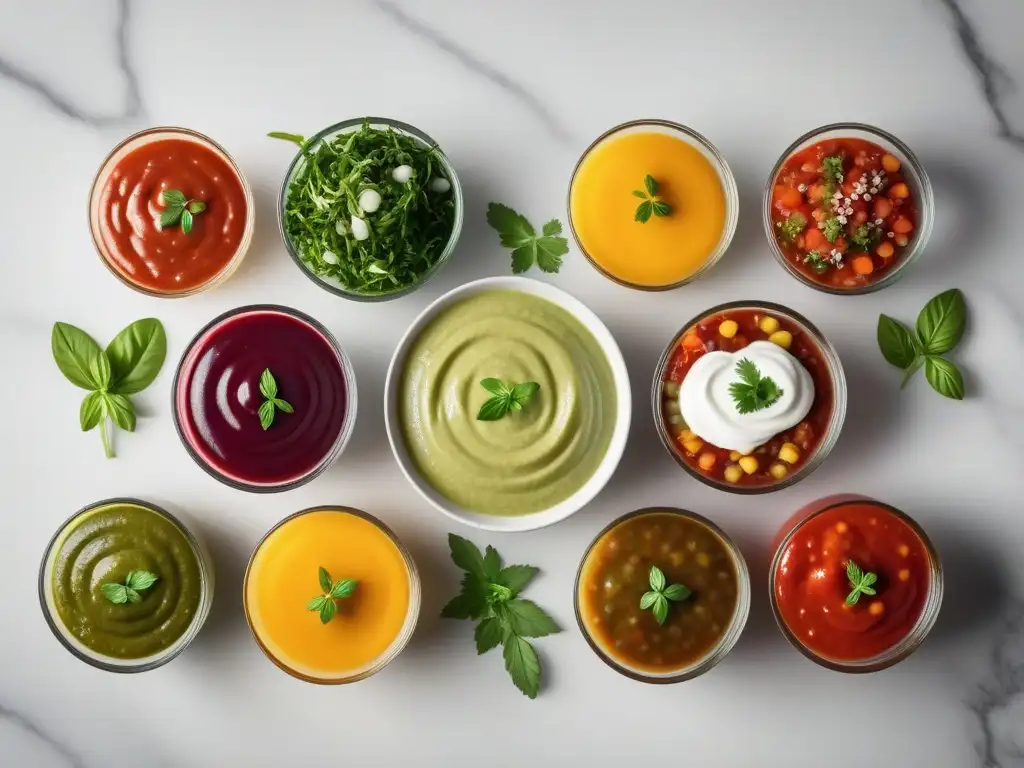 Una variedad vibrante de salsas veganas coloridas en cuencos de vidrio, decoradas con hierbas frescas y especias