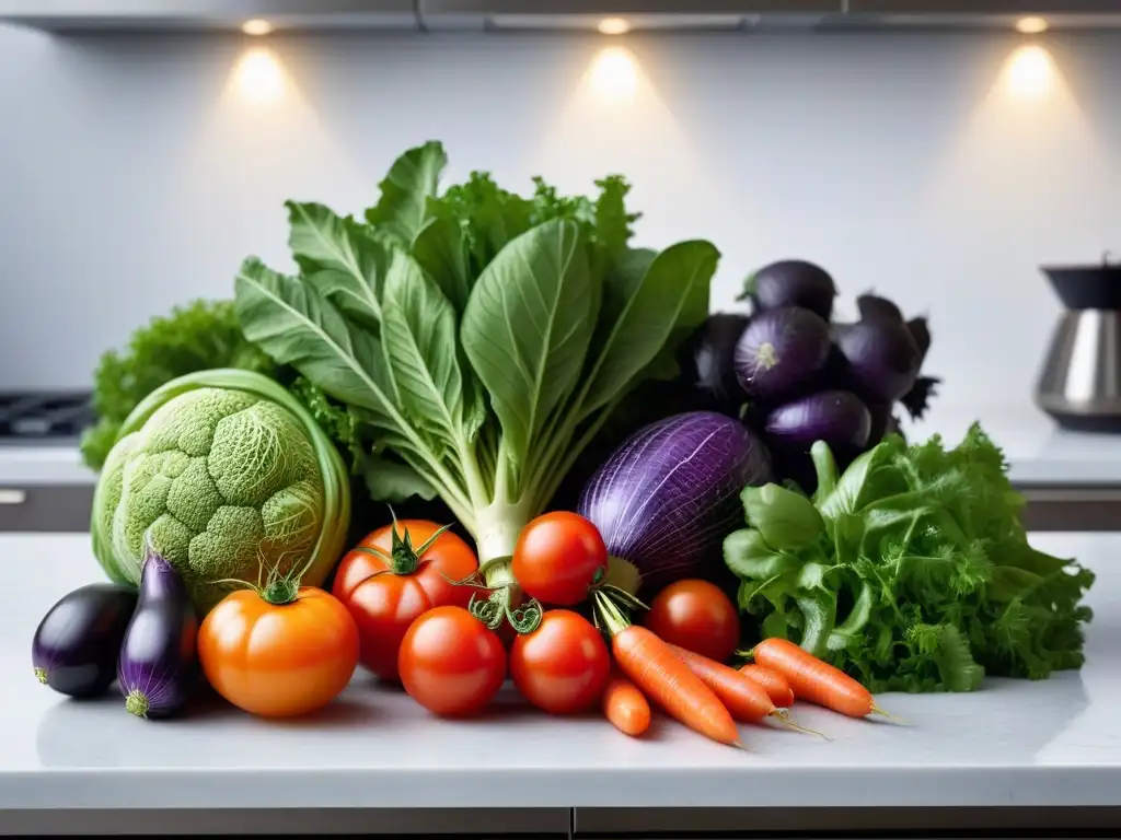 Una variedad vibrante de verduras frescas en una encimera de cocina moderna