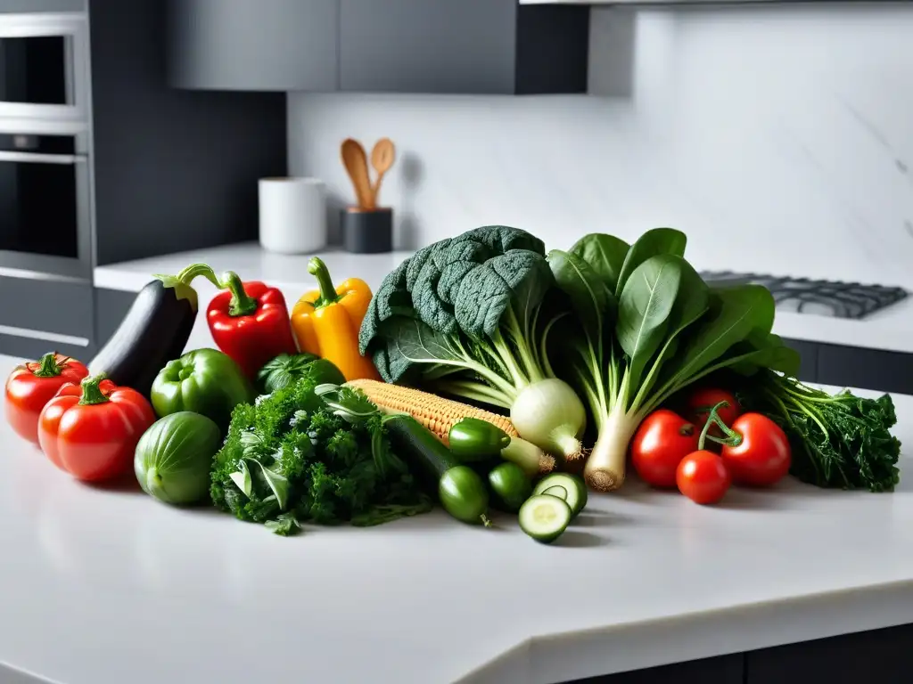 Una variedad de vibrantes verduras frescas y ricas en hierro, dispuestas con arte en una moderna encimera de cocina