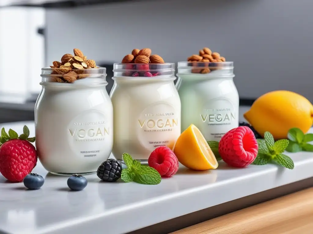 Una variedad de yogures veganos coloridos y deliciosos en frascos de vidrio, decorados con frutas frescas y granola en una cocina moderna y luminosa