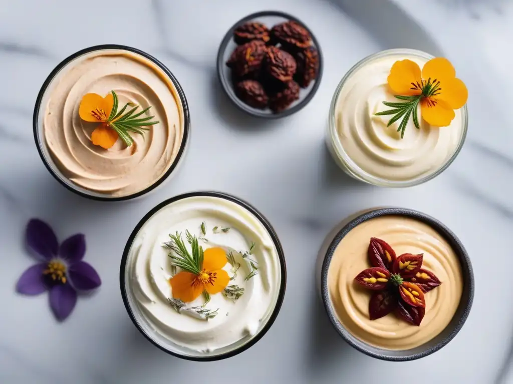 Variedades de queso crema vegano en mármol con hierbas frescas y flores comestibles