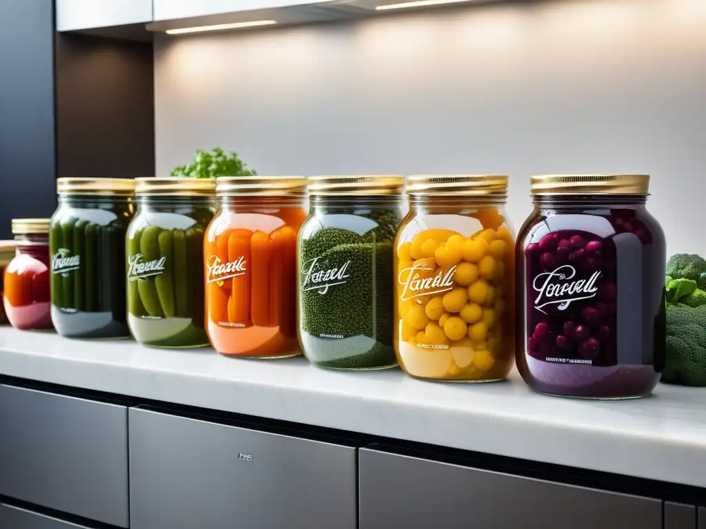 Fermentación vegana avanzada en cocina: Jars coloridos con fermentos veganos en proceso, en una cocina minimalista