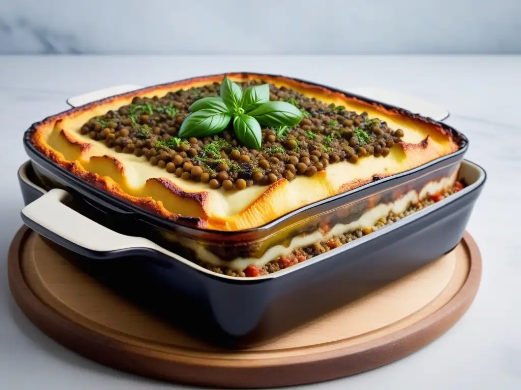 Moussaka vegana con capas de berenjena, calabacín, lentejas y bechamel sin lácteos, decorada con hierbas frescas y pimentón ahumado en un elegante recipiente moderno