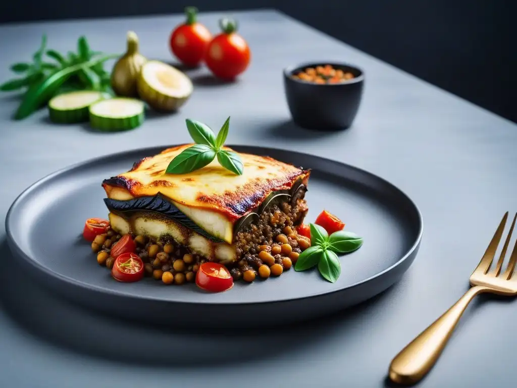 Moussaka vegana: capas de berenjena, calabacín y patatas con salsa de tomate y lentejas, queso vegano y hierbas frescas