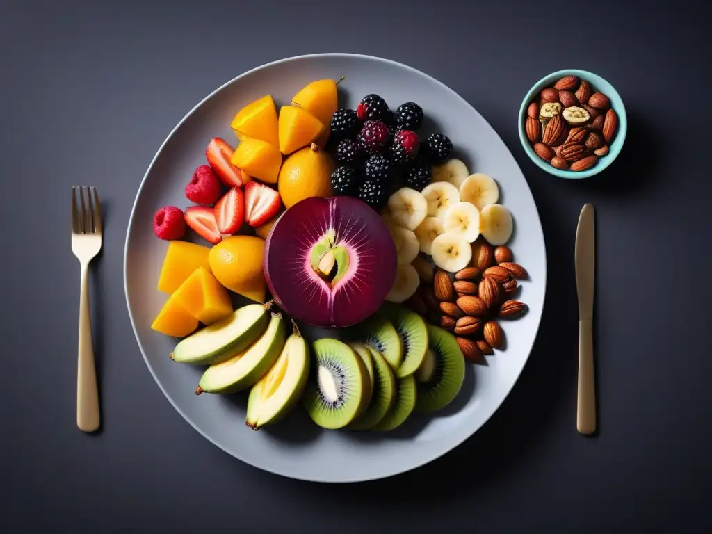 Alimentación vegana y enfermedades crónicas: Ilustración de un plato vibrante con frutas, vegetales, nueces y semillas frescas