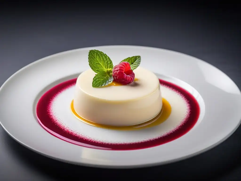 Panna cotta vegana sin gelatina con coulis de frambuesa, hojas de menta y flores comestibles en un elegante plato blanco