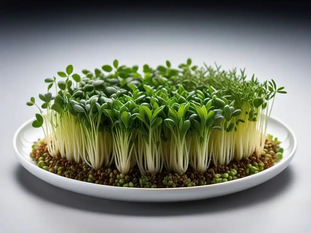 Nutrición vegana: poder germinados vibrantes y frescos en plato blanco moderno