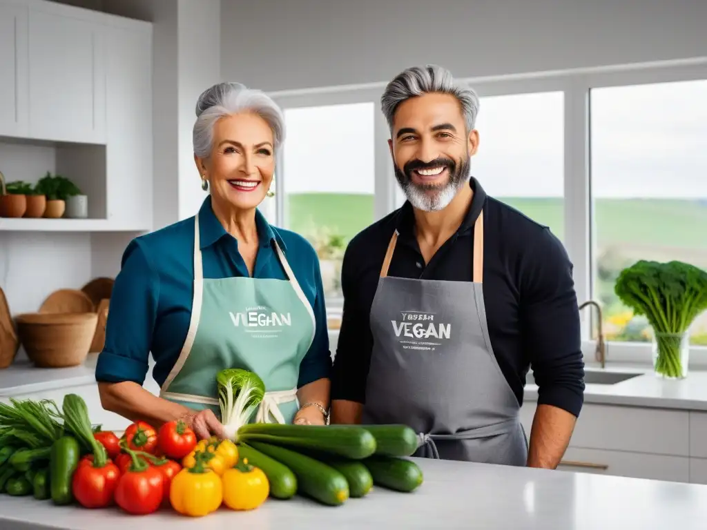 Veganismo uniendo generaciones en la cocina: joven y anciana sonríen en cocina moderna llena de ingredientes frescos