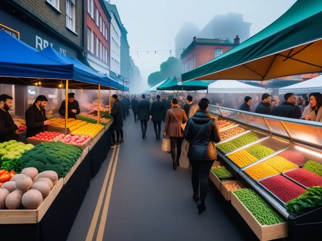 Descubre la evolución del veganismo en la industria alimentaria en un animado mercado vegano lleno de productos coloridos y clientes diversos