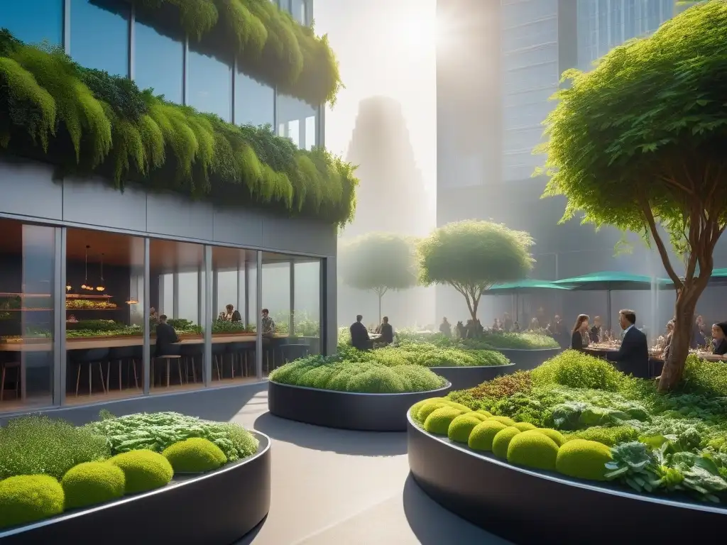 Veganismo y tecnologías verdes: Ciudad futurista con arquitectura verde y gente diversa disfrutando en un café vegano al aire libre