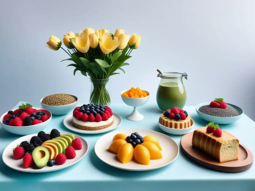 Organización brunch vegano delicioso con mesa elegante y coloridos platillos vegetales