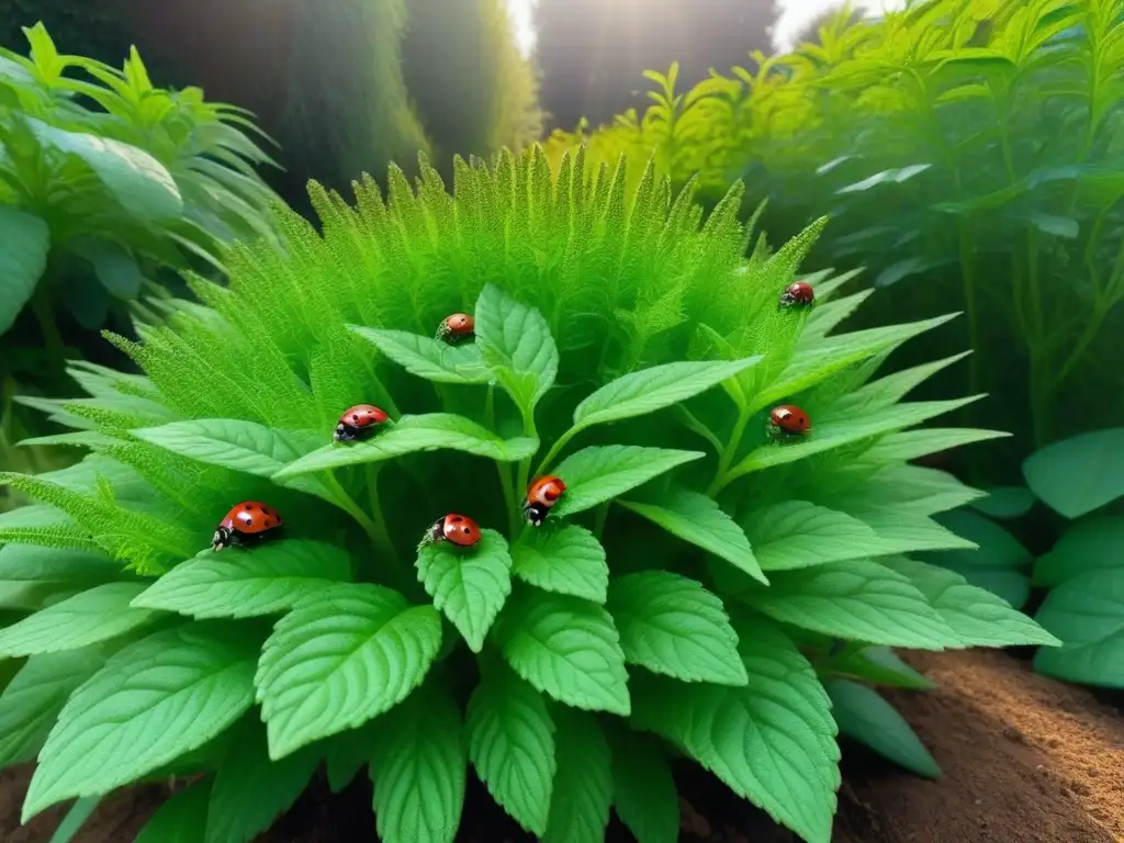 Un jardín vegano exuberante donde conviven plácidamente plagas naturales como mariquitas, crisopas y abejas