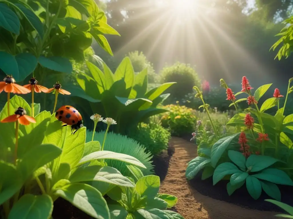 Un jardín vegano exuberante protegido por plagas naturales como mariquitas y abejas, creando un equilibrio natural