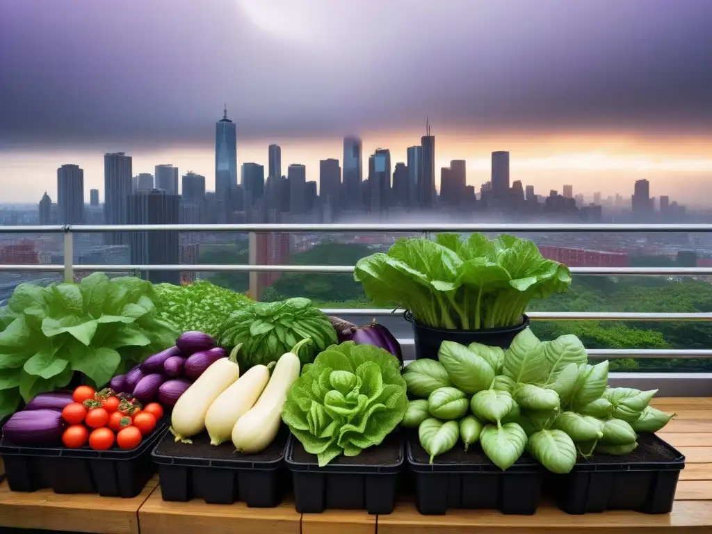 Un jardín vegano urbano floreciendo bajo la lluvia, con vegetales y frutas vibrantes, destacando los Beneficios del agua de lluvia