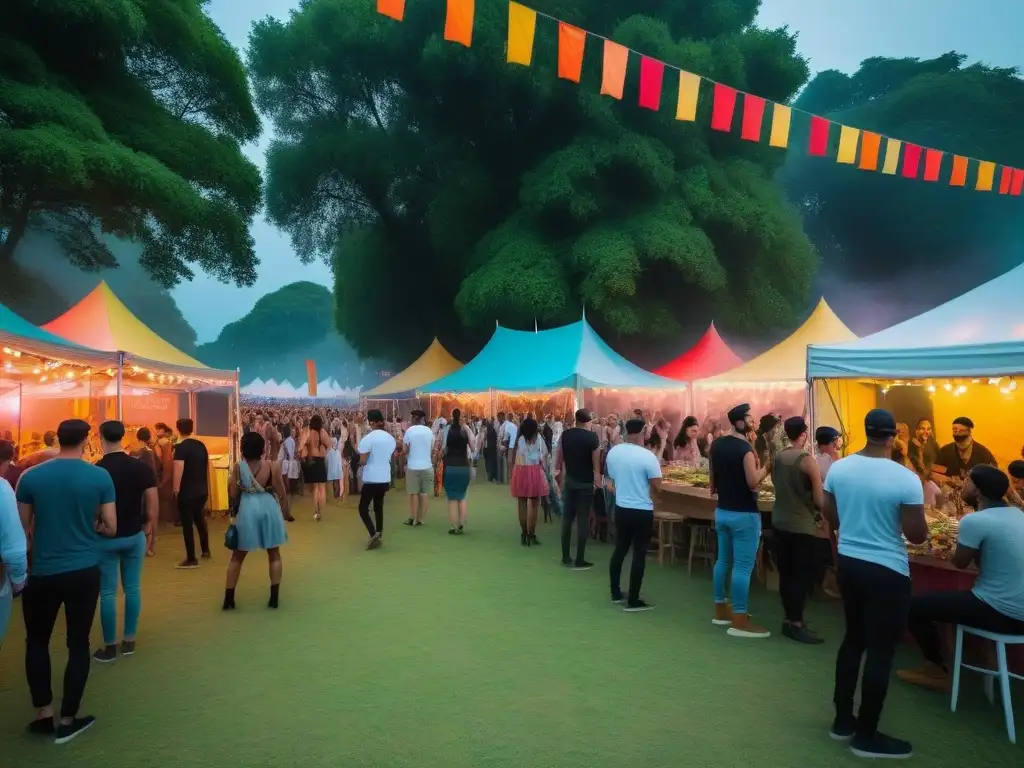 Guía supervivencia veganos festivales: Diversidad y alegría en festival de música con opciones veganas y ambiente festivo