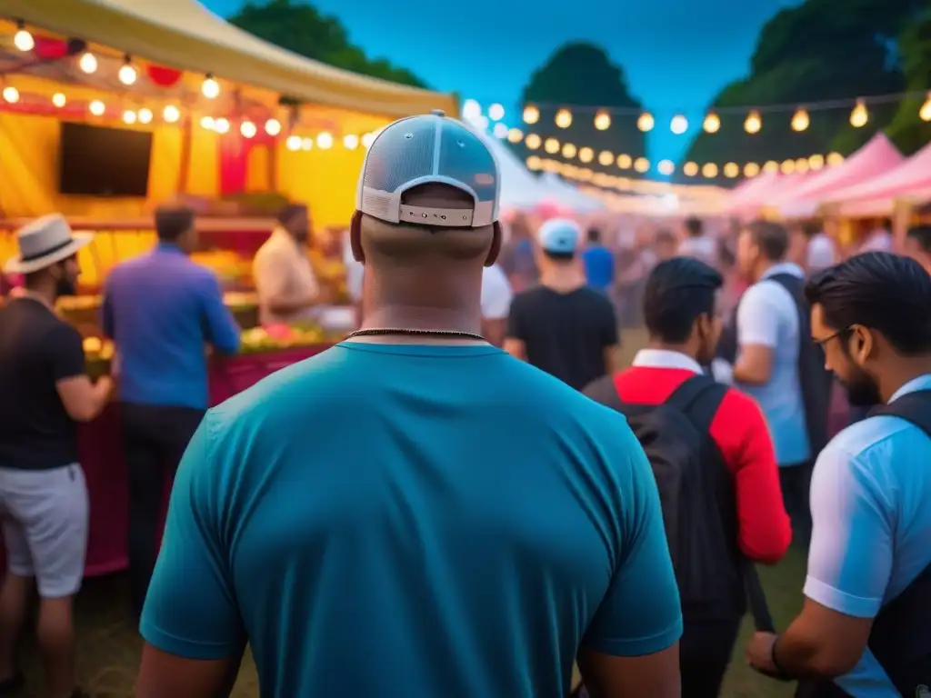 Guía supervivencia veganos festivales: Festival animado con diversidad de comida vegana y música en vivo