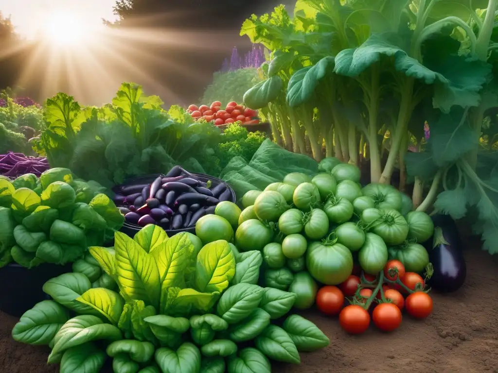 Un jardín vegetal exuberante y vibrante ilustrado detalladamente, lleno de verduras coloridas y maduros tomates rojos