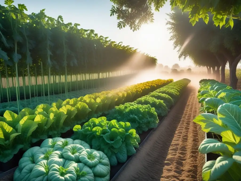 Un jardín vegetal vibrante y abundante, con hortalizas coloridas creciendo en filas ordenadas