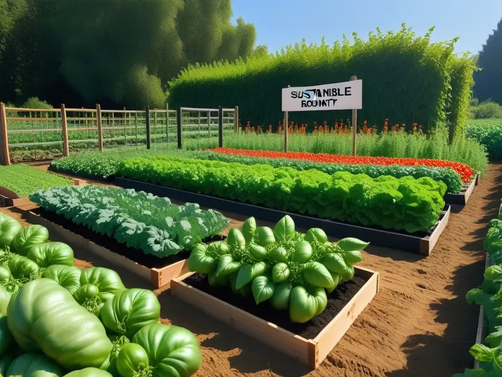 Un jardín vegetal vibrante y exuberante con tomates, pimientos y verduras en filas ordenadas bajo el sol brillante