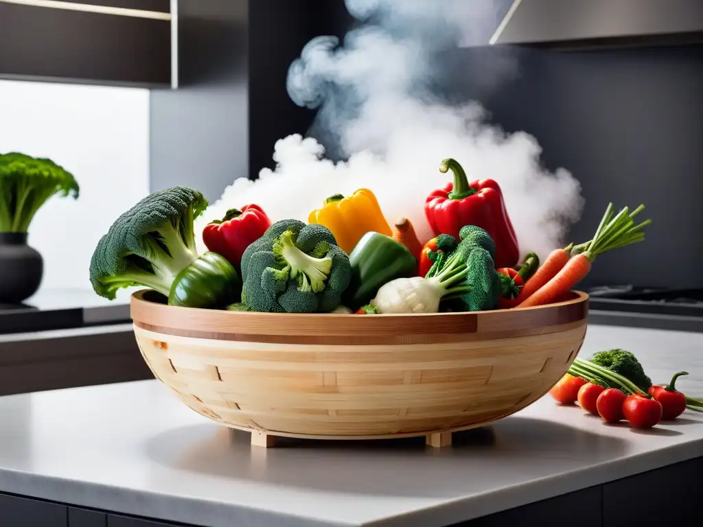 Vegetales coloridos cocinados al vapor en cesta de bambú, transmitiendo frescura y salud